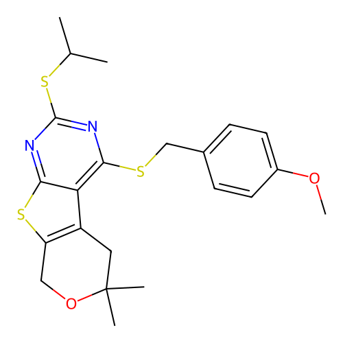2-(isopropylthio)-4-((4-methoxybenzyl)thio)-6,6-dimethyl-6,8-dihydro-5H-pyrano[4',3':4,5]thieno[2,3-d]pyrimidine structure
