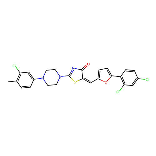 (5E)-2-[4-(3-chloro-4-methylphenyl)piperazin-1-yl]-5-[[5-(2,4-dichlorophenyl)furan-2-yl]methylidene]-1,3-thiazol-4-one structure