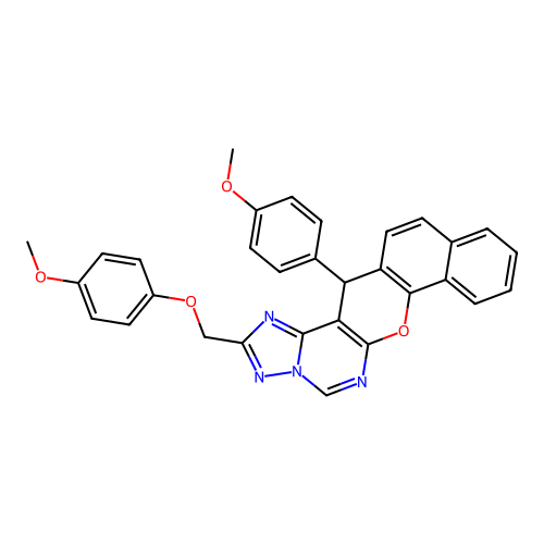 2-((4-methoxyphenoxy)methyl)-14-(4-methoxyphenyl)-14H-benzo[7,8]chromeno[3,2-e][1,2,4]triazolo[1,5-c]pyrimidine structure