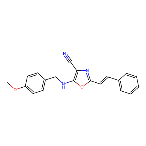 5-[(4-methoxybenzyl)amino]-2-[(E)-2-phenylethenyl]-1,3-oxazole-4-carbonitrile structure