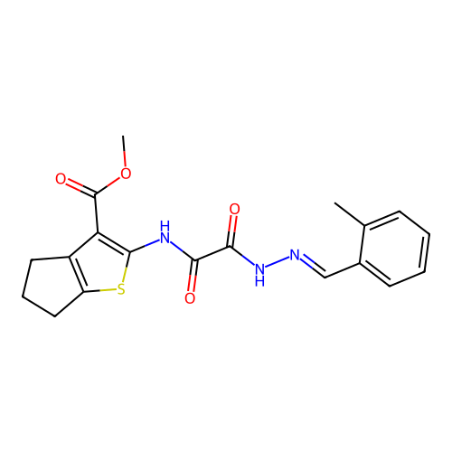 (E)-methyl 2-(2-(2-(2-methylbenzylidene)hydrazinyl)-2-oxoacetamido)-5,6-dihydro-4H-cyclopenta[b]thiophene-3-carboxylate structure