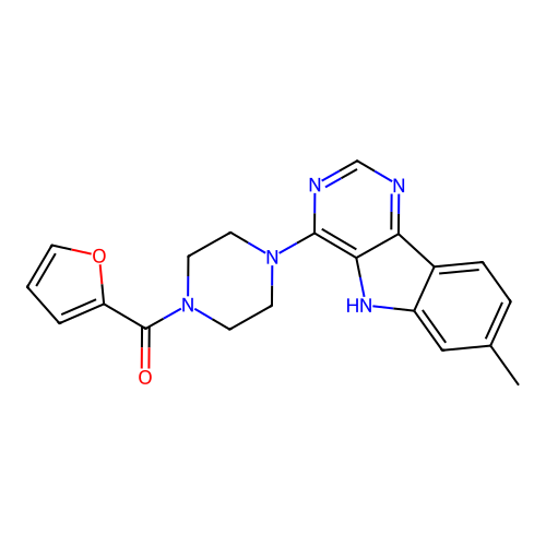 furan-2-yl(4-(7-methyl-5H-pyrimido[5,4-b]indol-4-yl)piperazin-1-yl)methanone structure