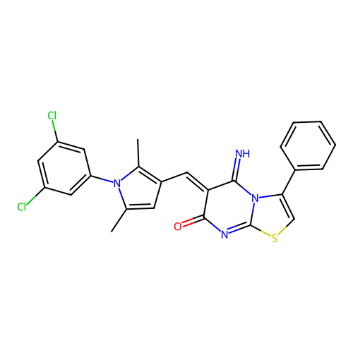 (6Z)-6-[[1-(3,5-dichlorophenyl)-2,5-dimethylpyrrol-3-yl]methylidene]-5-imino-3-phenyl-[1,3]thiazolo[3,2-a]pyrimidin-7-one structure