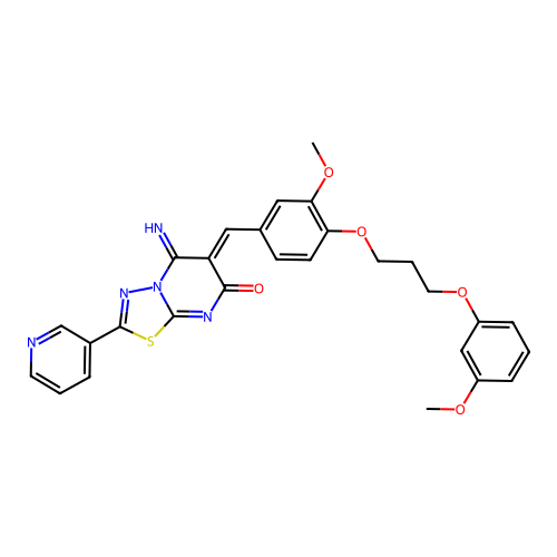 (6Z)-5-imino-6-[[3-methoxy-4-[3-(3-methoxyphenoxy)propoxy]phenyl]methylidene]-2-pyridin-3-yl-[1,3,4]thiadiazolo[3,2-a]pyrimidin-7-one structure