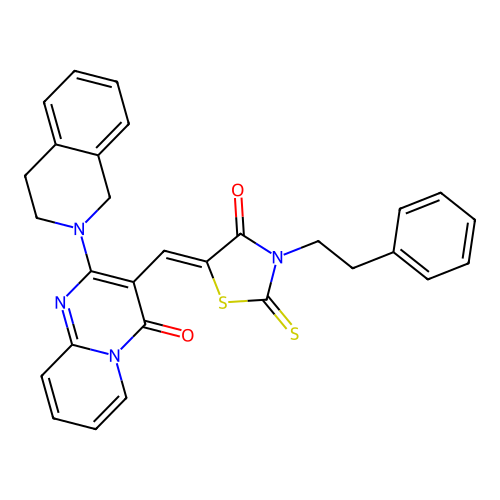 2-(3,4-dihydroisoquinolin-2(1H)-yl)-3-{(Z)-[4-oxo-3-(2-phenylethyl)-2-thioxo-1,3-thiazolidin-5-ylidene]methyl}-4H-pyrido[1,2-a]pyrimidin-4-one structure