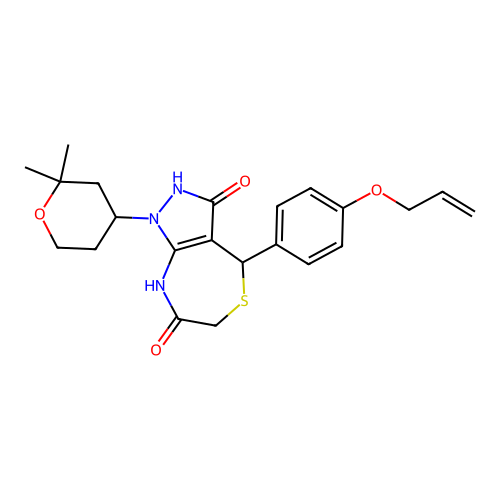 1-(2,2-dimethyloxan-4-yl)-4-(4-prop-2-enoxyphenyl)-4,8-dihydro-2H-pyrazolo[3,4-e][1,4]thiazepine-3,7-dione structure