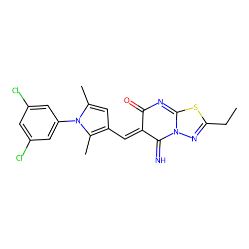 (6Z)-6-[[1-(3,5-dichlorophenyl)-2,5-dimethylpyrrol-3-yl]methylidene]-2-ethyl-5-imino-[1,3,4]thiadiazolo[3,2-a]pyrimidin-7-one structure