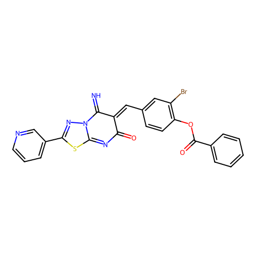 (Z)-2-bromo-4-((5-imino-7-oxo-2-(pyridin-3-yl)-5H-[1,3,4]thiadiazolo[3,2-a]pyrimidin-6(7H)-ylidene)methyl)phenyl benzoate structure