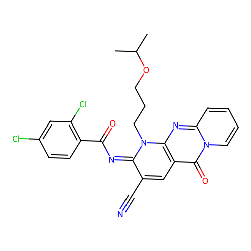 (E)-2,4-dichloro-N-(3-cyano-1-(3-isopropoxypropyl)-5-oxo-1H-dipyrido[1,2-a:2',3'-d]pyrimidin-2(5H)-ylidene)benzamide structure