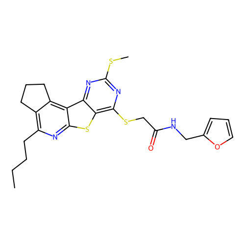 2-((4-butyl-9-(methylthio)-2,3-dihydro-1H-cyclopenta[4',5']pyrido[3',2':4,5]thieno[3,2-d]pyrimidin-7-yl)thio)-N-(furan-2-ylmethyl)acetamide structure