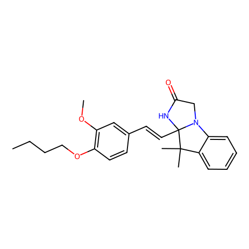 (E)-9a-(4-butoxy-3-methoxystyryl)-9,9-dimethyl-9,9a-dihydro-1H-imidazo[1,2-a]indol-2(3H)-one structure