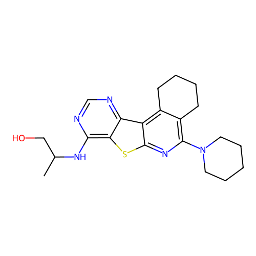 2-((5-(piperidin-1-yl)-1,2,3,4-tetrahydropyrimido[4',5':4,5]thieno[2,3-c]isoquinolin-8-yl)amino)propan-1-ol structure
