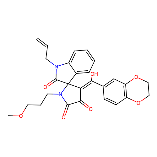 (3'E)-3'-[2,3-dihydro-1,4-benzodioxin-6-yl(hydroxy)methylidene]-1'-(3-methoxypropyl)-1-(prop-2-en-1-yl)spiro[indole-3,2'-pyrrolidine]-2,4',5'(1H)-trione structure