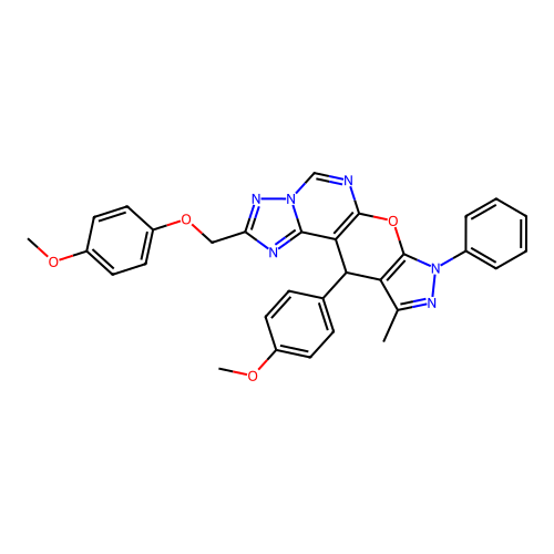 2-[(4-methoxyphenoxy)methyl]-11-(4-methoxyphenyl)-10-methyl-8-phenyl-8,11-dihydropyrazolo[4',3':5,6]pyrano[3,2-e][1,2,4]triazolo[1,5-c]pyrimidine structure