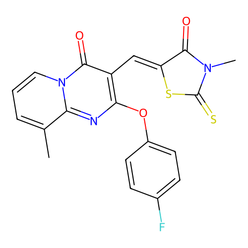 (5Z)-5-[[2-(4-fluorophenoxy)-9-methyl-4-oxopyrido[1,2-a]pyrimidin-3-yl]methylidene]-3-methyl-2-sulfanylidene-1,3-thiazolidin-4-one structure