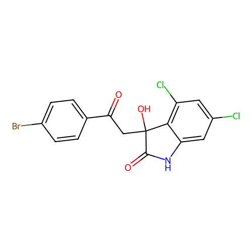 3-(2-(4-bromophenyl)-2-oxoethyl)-4,6-dichloro-3-hydroxyindolin-2-one structure