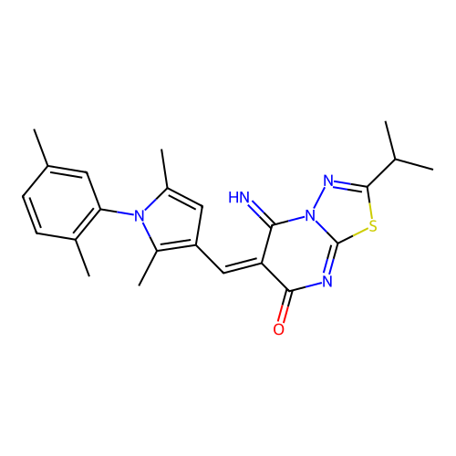 (E)-6-((1-(2,5-dimethylphenyl)-2,5-dimethyl-1H-pyrrol-3-yl)methylene)-5-imino-2-isopropyl-5H-[1,3,4]thiadiazolo[3,2-a]pyrimidin-7(6H)-one structure
