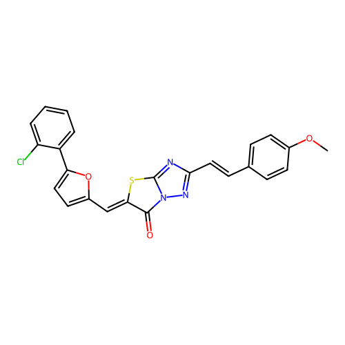 (5Z)-5-[[5-(2-chlorophenyl)furan-2-yl]methylidene]-2-[(E)-2-(4-methoxyphenyl)ethenyl]-[1,3]thiazolo[3,2-b][1,2,4]triazol-6-one structure