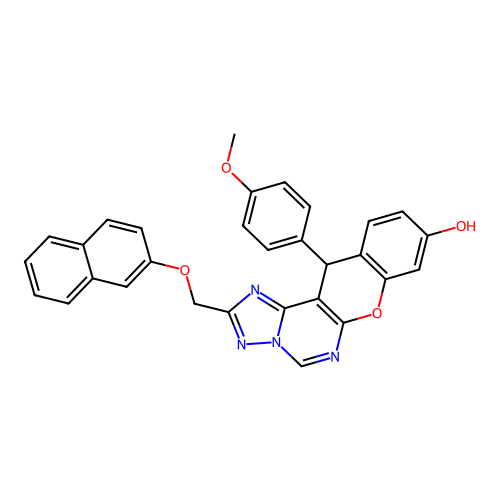 12-(4-methoxyphenyl)-2-[(naphthalen-2-yloxy)methyl]-12H-chromeno[3,2-e][1,2,4]triazolo[1,5-c]pyrimidin-9-ol structure
