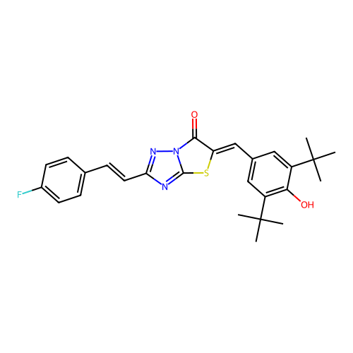 (5Z)-5-(3,5-di-tert-butyl-4-hydroxybenzylidene)-2-[(E)-2-(4-fluorophenyl)ethenyl][1,3]thiazolo[3,2-b][1,2,4]triazol-6(5H)-one structure