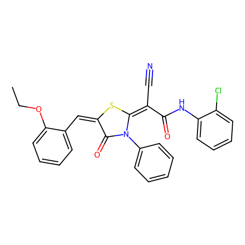 (2E)-N-(2-chlorophenyl)-2-cyano-2-[(5E)-5-[(2-ethoxyphenyl)methylidene]-4-oxo-3-phenyl-1,3-thiazolidin-2-ylidene]acetamide structure