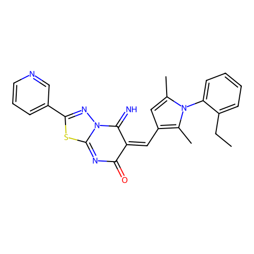 (E)-6-((1-(2-ethylphenyl)-2,5-dimethyl-1H-pyrrol-3-yl)methylene)-5-imino-2-(pyridin-3-yl)-5H-[1,3,4]thiadiazolo[3,2-a]pyrimidin-7(6H)-one structure