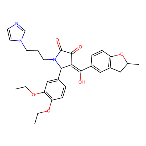 (4E)-5-(3,4-diethoxyphenyl)-4-[hydroxy-(2-methyl-2,3-dihydro-1-benzofuran-5-yl)methylidene]-1-(3-imidazol-1-ylpropyl)pyrrolidine-2,3-dione structure