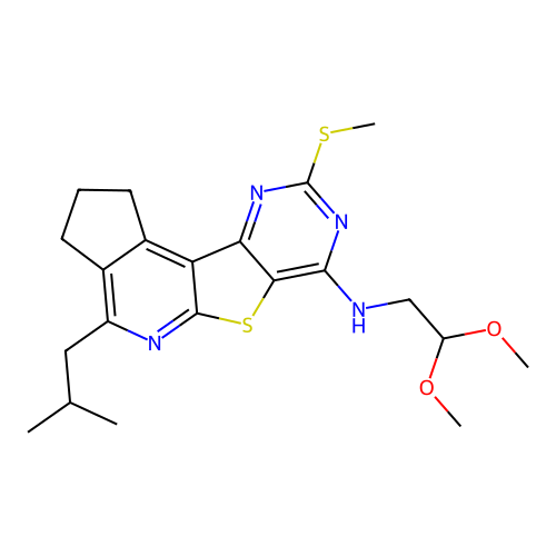 N-(2,2-dimethoxyethyl)-4-(2-methylpropyl)-9-(methylsulfanyl)-2,3-dihydro-1H-cyclopenta[4',5']pyrido[3',2':4,5]thieno[3,2-d]pyrimidin-7-amine structure