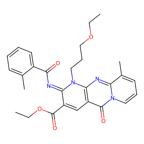 (Z)-ethyl 1-(3-ethoxypropyl)-10-methyl-2-((2-methylbenzoyl)imino)-5-oxo-2,5-dihydro-1H-dipyrido[1,2-a:2',3'-d]pyrimidine-3-carboxylate structure
