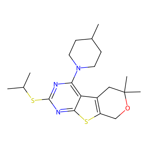 2-(isopropylthio)-6,6-dimethyl-4-(4-methylpiperidin-1-yl)-6,8-dihydro-5H-pyrano[4',3':4,5]thieno[2,3-d]pyrimidine structure