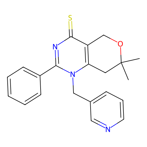 7,7-dimethyl-2-phenyl-1-(pyridin-3-ylmethyl)-5,8-dihydropyrano[4,3-d]pyrimidine-4-thione structure