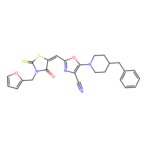 (E)-5-(4-benzylpiperidin-1-yl)-2-((3-(furan-2-ylmethyl)-4-oxo-2-thioxothiazolidin-5-ylidene)methyl)oxazole-4-carbonitrile structure