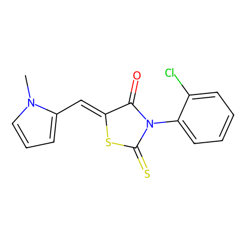 (Z)-3-(2-chlorophenyl)-5-((1-methyl-1H-pyrrol-2-yl)methylene)-2-thioxothiazolidin-4-one structure