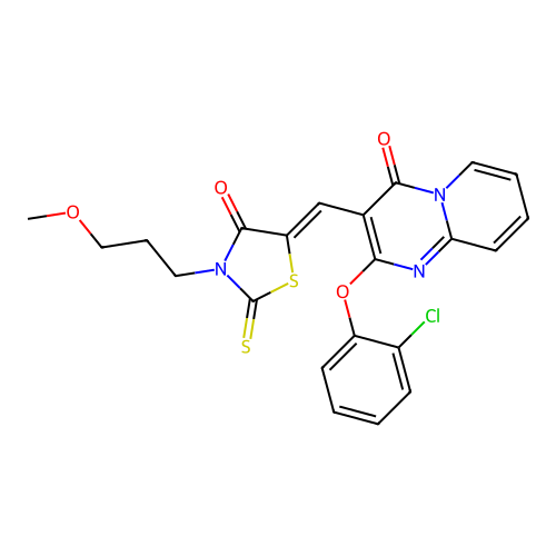 2-(2-chlorophenoxy)-3-{(Z)-[3-(3-methoxypropyl)-4-oxo-2-thioxo-1,3-thiazolidin-5-ylidene]methyl}-4H-pyrido[1,2-a]pyrimidin-4-one structure