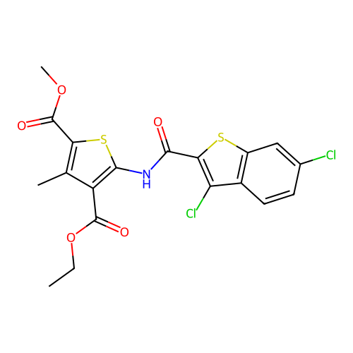 4-ethyl 2-methyl 5-(3,6-dichlorobenzo[b]thiophene-2-carboxamido)-3-methylthiophene-2,4-dicarboxylate structure