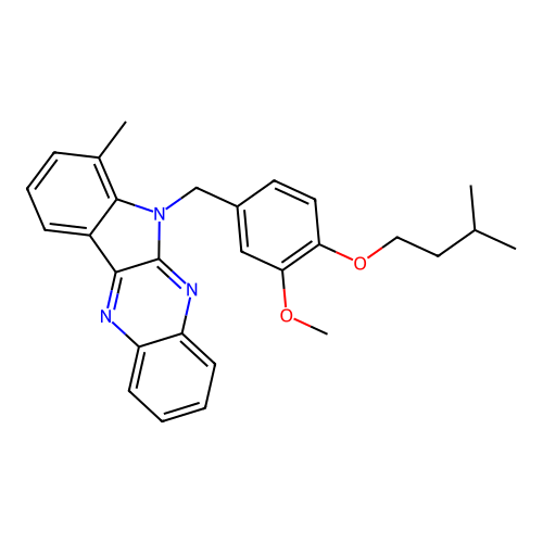 6-[3-methoxy-4-(3-methylbutoxy)benzyl]-7-methyl-6H-indolo[2,3-b]quinoxaline structure