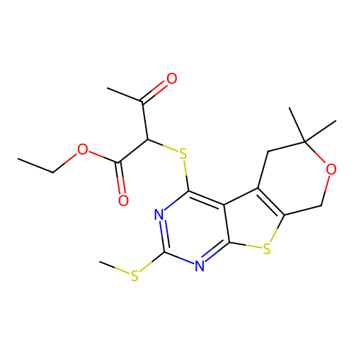 ethyl 2-((6,6-dimethyl-2-(methylthio)-6,8-dihydro-5H-pyrano[4',3':4,5]thieno[2,3-d]pyrimidin-4-yl)thio)-3-oxobutanoate structure