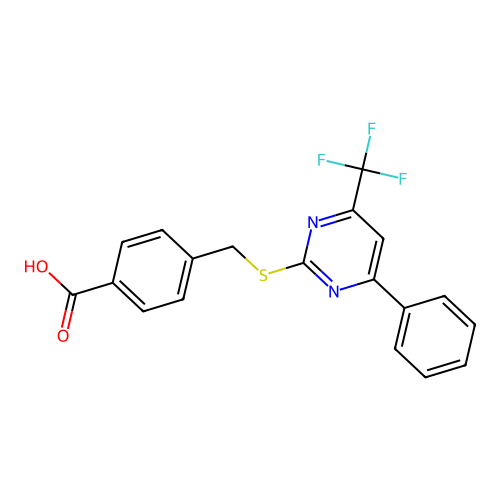 4-(4-Phenyl-6-trifluoromethyl-pyrimidin-2-ylsulfanylmethyl)-benzoic acid structure