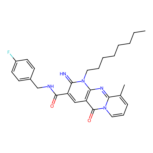 N-(4-fluorobenzyl)-2-imino-10-methyl-1-octyl-5-oxo-1,5-dihydro-2H-dipyrido[1,2-a:2',3'-d]pyrimidine-3-carboxamide structure