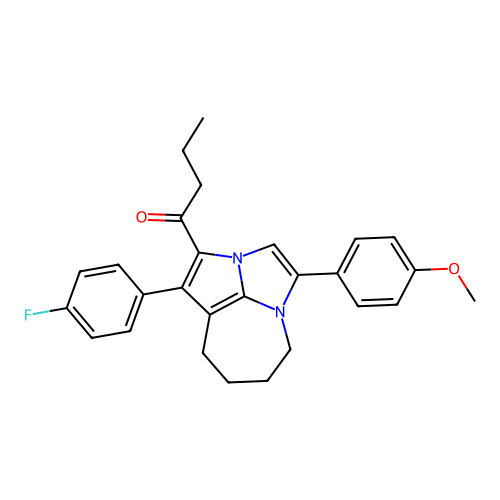 1-(1-(4-fluorophenyl)-4-(4-methoxyphenyl)-5,6,7,8-tetrahydro-2a,4a-diazacyclopenta[cd]azulen-2-yl)butan-1-one structure