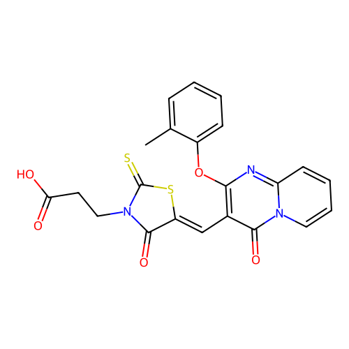 3-[(5Z)-5-{[2-(2-methylphenoxy)-4-oxo-4H-pyrido[1,2-a]pyrimidin-3-yl]methylidene}-4-oxo-2-thioxo-1,3-thiazolidin-3-yl]propanoic acid structure