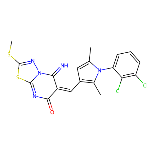 (6E)-6-[[1-(2,3-dichlorophenyl)-2,5-dimethylpyrrol-3-yl]methylidene]-5-imino-2-methylsulfanyl-[1,3,4]thiadiazolo[3,2-a]pyrimidin-7-one structure