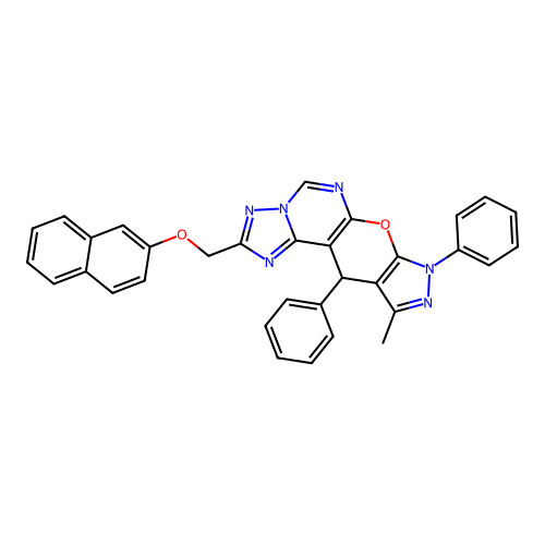 10-methyl-2-[(naphthalen-2-yloxy)methyl]-8,11-diphenyl-8,11-dihydropyrazolo[4',3':5,6]pyrano[3,2-e][1,2,4]triazolo[1,5-c]pyrimidine structure
