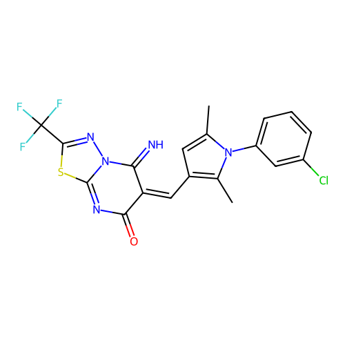 (E)-6-((1-(3-chlorophenyl)-2,5-dimethyl-1H-pyrrol-3-yl)methylene)-5-imino-2-(trifluoromethyl)-5H-[1,3,4]thiadiazolo[3,2-a]pyrimidin-7(6H)-one structure
