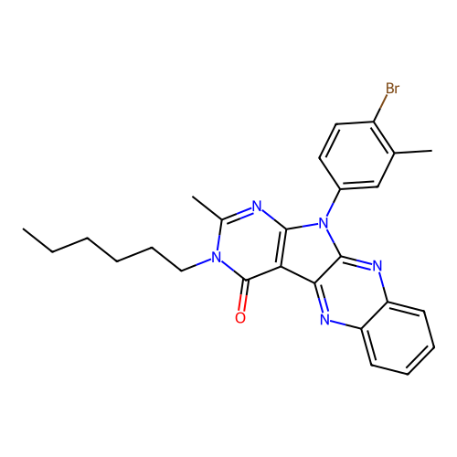 11-(4-bromo-3-methylphenyl)-3-hexyl-2-methyl-3,11-dihydro-4H-pyrimido[5',4':4,5]pyrrolo[2,3-b]quinoxalin-4-one structure