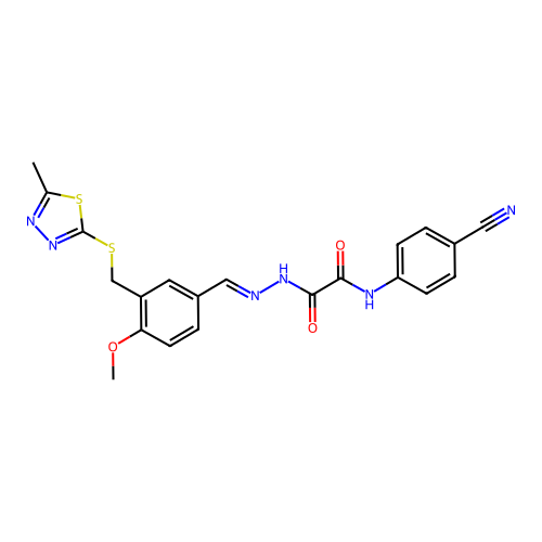 (E)-N-(4-cyanophenyl)-2-(2-(4-methoxy-3-(((5-methyl-1,3,4-thiadiazol-2-yl)thio)methyl)benzylidene)hydrazinyl)-2-oxoacetamide structure