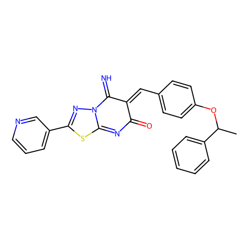 (6Z)-5-imino-6-[[4-(1-phenylethoxy)phenyl]methylidene]-2-pyridin-3-yl-[1,3,4]thiadiazolo[3,2-a]pyrimidin-7-one structure