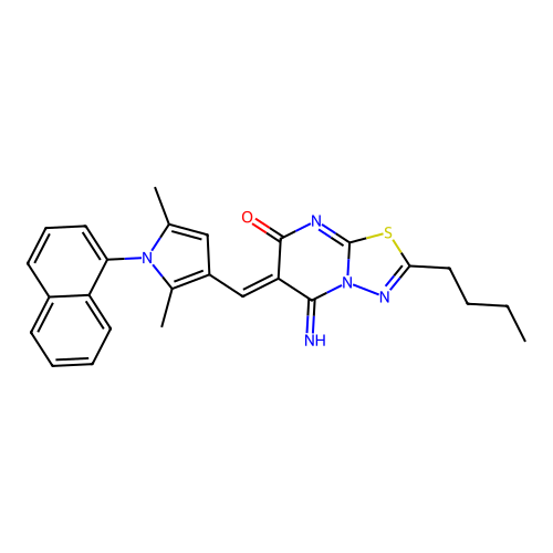 (6Z)-2-butyl-6-[(2,5-dimethyl-1-naphthalen-1-ylpyrrol-3-yl)methylidene]-5-imino-[1,3,4]thiadiazolo[3,2-a]pyrimidin-7-one structure