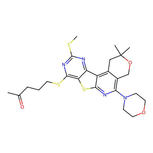 5-((2,2-dimethyl-10-(methylthio)-5-morpholino-2,4-dihydro-1H-pyrano[4'',3'':4',5']pyrido[3',2':4,5]thieno[3,2-d]pyrimidin-8-yl)thio)pentan-2-one structure