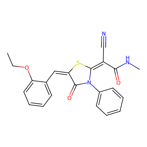 (2E)-2-cyano-2-[(5E)-5-[(2-ethoxyphenyl)methylidene]-4-oxo-3-phenyl-1,3-thiazolidin-2-ylidene]-N-methylacetamide structure